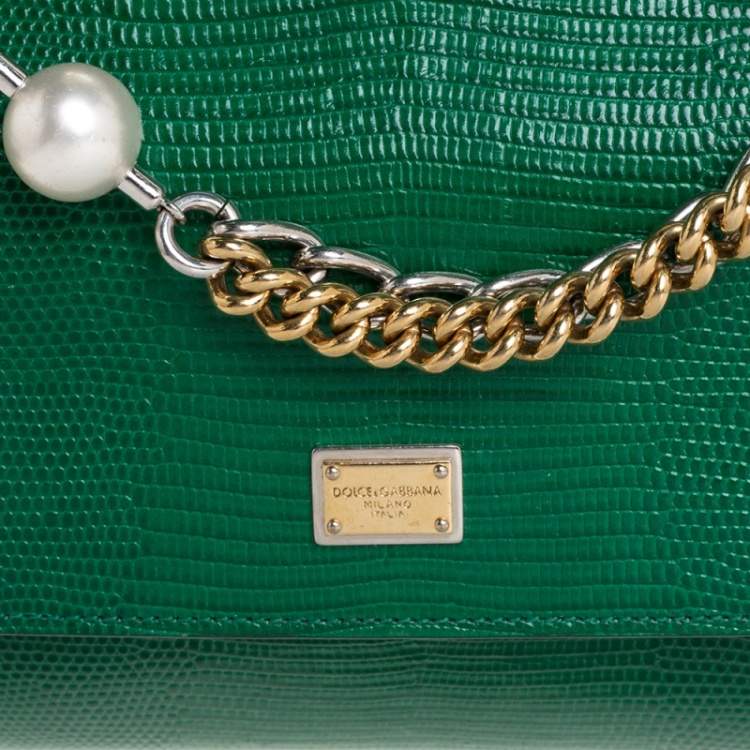 Pre Owned Dolce and Gabbana Green Lizard Embossed Leather Small Miss Sicily Bag