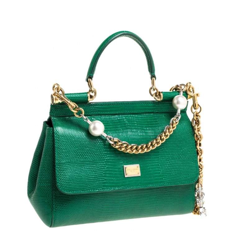Pre Owned Dolce and Gabbana Green Lizard Embossed Leather Small Miss Sicily Bag