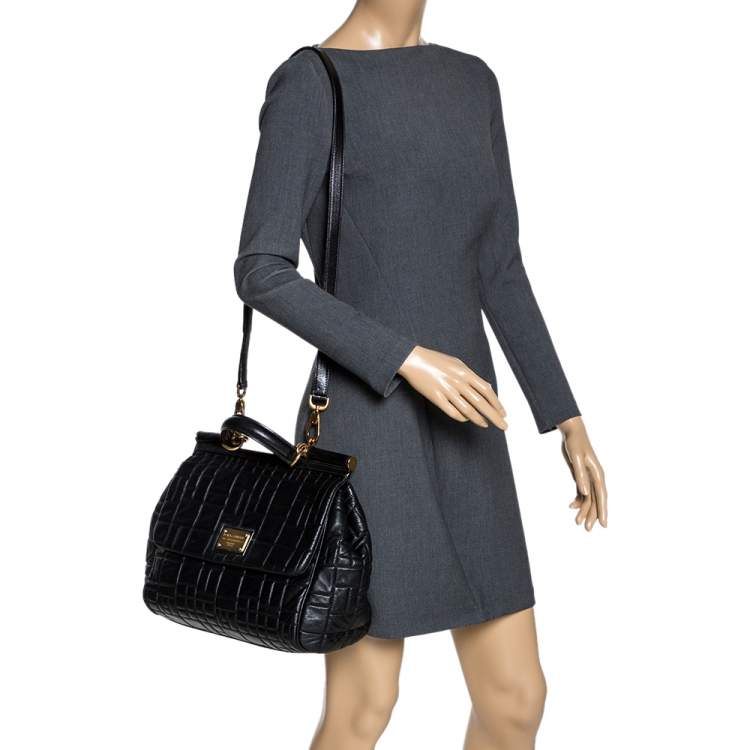 Pre Owned Dolce and Gabbana Black Leather Large Miss Sicily Top Handle Bag