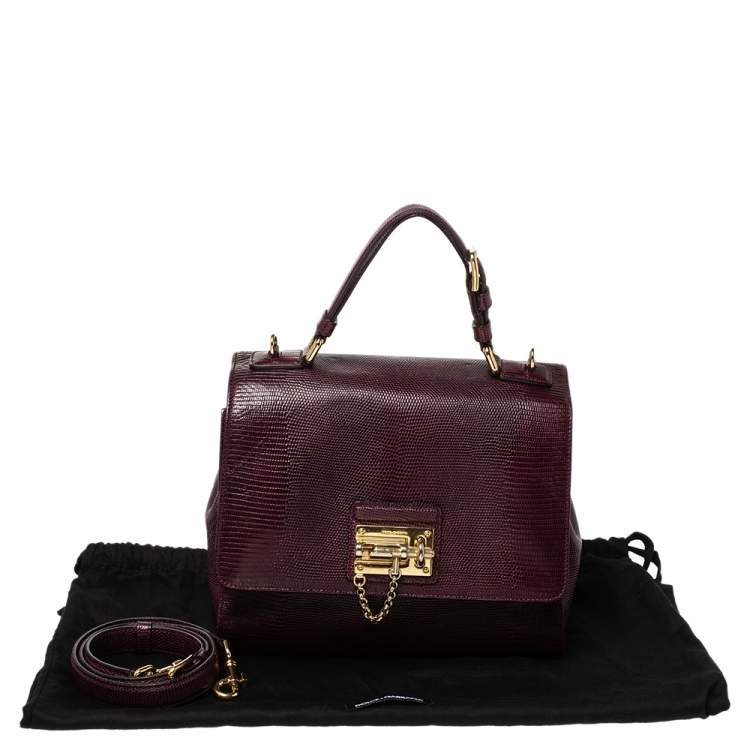 Pre Owned Dolce & Gabbana Burgundy Lizard Embossed Leather Medium Miss Monica Top Handle Bag