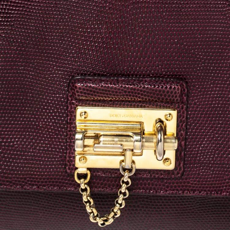 Pre Owned Dolce & Gabbana Burgundy Lizard Embossed Leather Medium Miss Monica Top Handle Bag