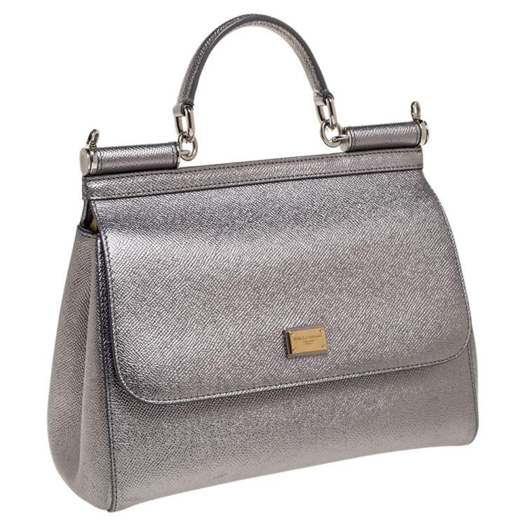 Pre Owned Dolce & Gabbana Metallic Silver Leather Medium Miss Sicily Top Handle Bag