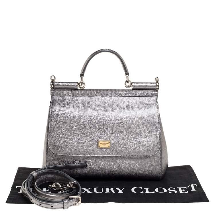 Pre Owned Dolce & Gabbana Metallic Silver Leather Medium Miss Sicily Top Handle Bag