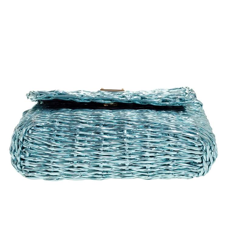 Pre Owned Dolce and Gabbana Metallic Blue Coated Raffia Embellished Chain Shoulder Bag