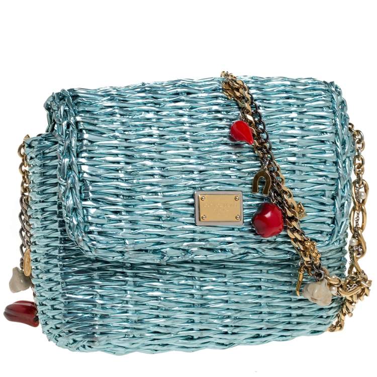 Pre Owned Dolce and Gabbana Metallic Blue Coated Raffia Embellished Chain Shoulder Bag