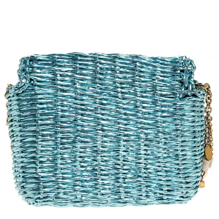 Pre Owned Dolce and Gabbana Metallic Blue Coated Raffia Embellished Chain Shoulder Bag