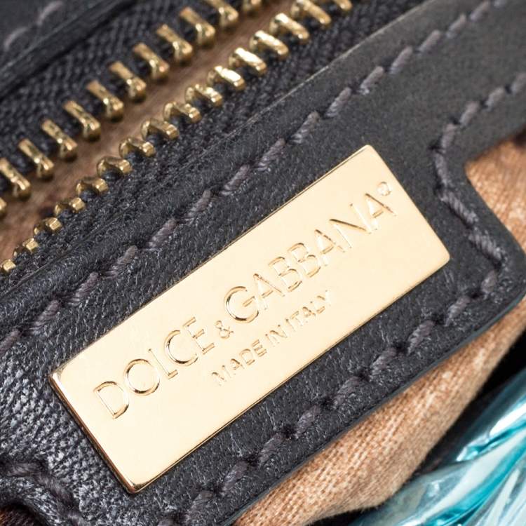 Pre Owned Dolce and Gabbana Metallic Blue Coated Raffia Embellished Chain Shoulder Bag