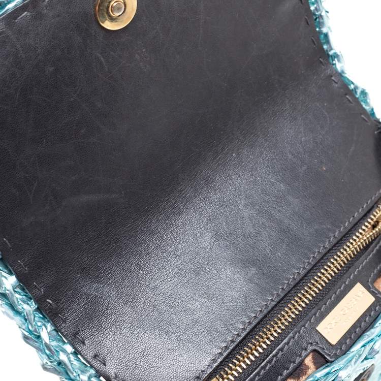 Pre Owned Dolce and Gabbana Metallic Blue Coated Raffia Embellished Chain Shoulder Bag