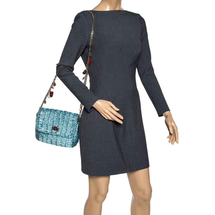 Pre Owned Dolce and Gabbana Metallic Blue Coated Raffia Embellished Chain Shoulder Bag