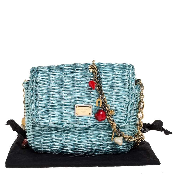 Pre Owned Dolce and Gabbana Metallic Blue Coated Raffia Embellished Chain Shoulder Bag