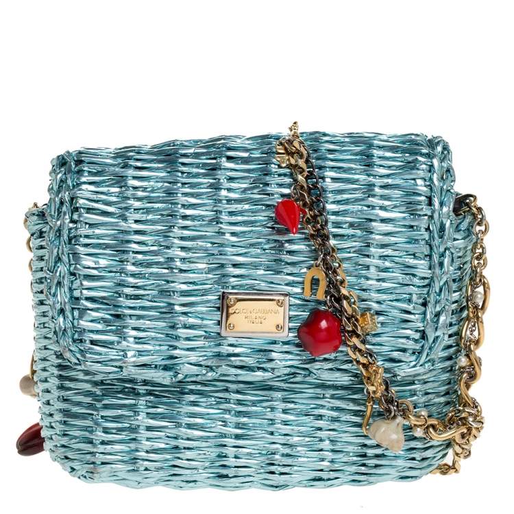 Pre Owned Dolce and Gabbana Metallic Blue Coated Raffia Embellished Chain Shoulder Bag