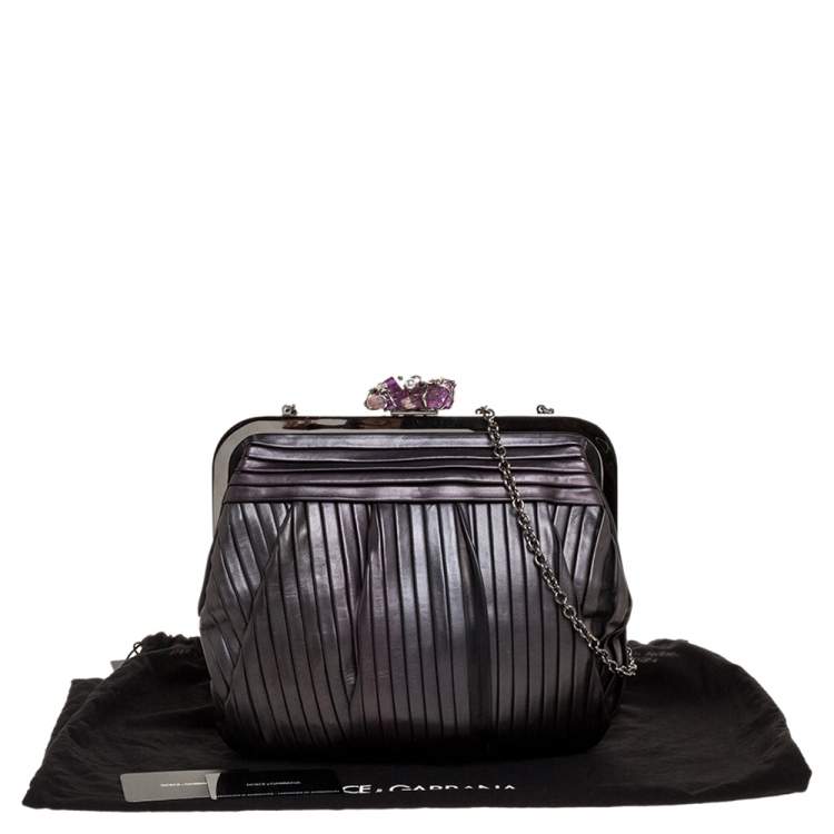 Pre Owned Dolce & Gabbana Black Pleated Leather Crystal Embellished Frame Chain Clutch