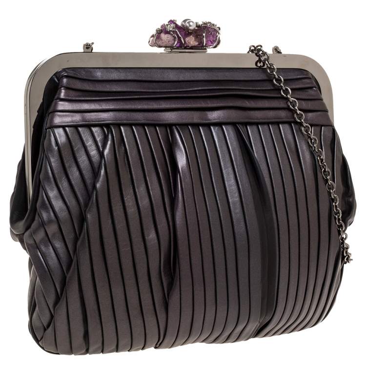 Pre Owned Dolce & Gabbana Black Pleated Leather Crystal Embellished Frame Chain Clutch