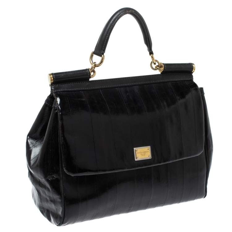 Pre Owned Dolce & Gabbana Black Striped Leather Large Miss Sicily Top Handle Bag