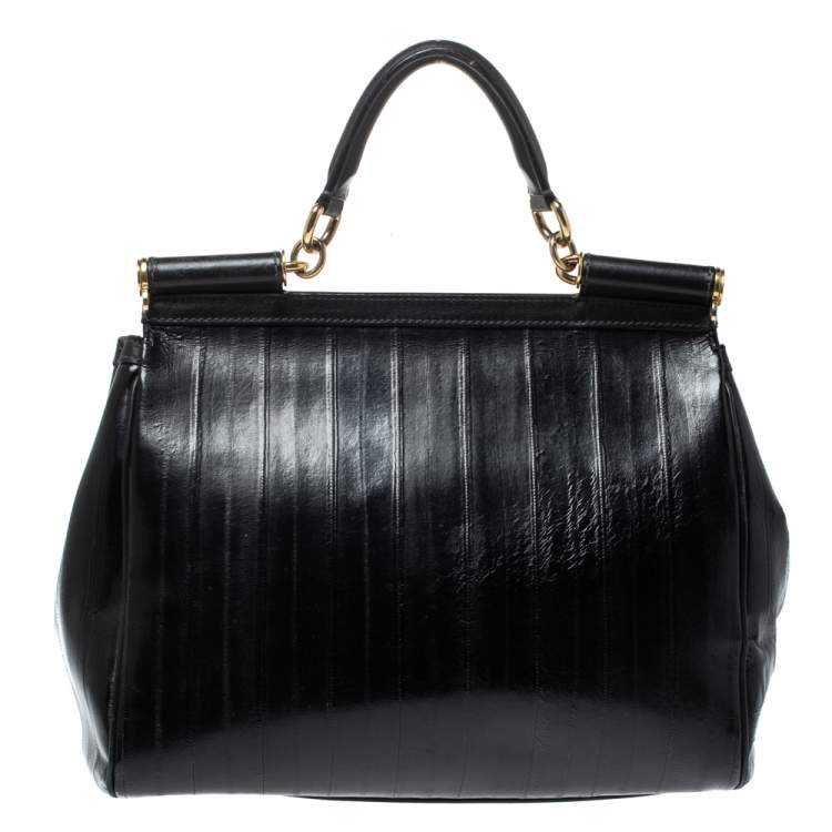 Pre Owned Dolce & Gabbana Black Striped Leather Large Miss Sicily Top Handle Bag