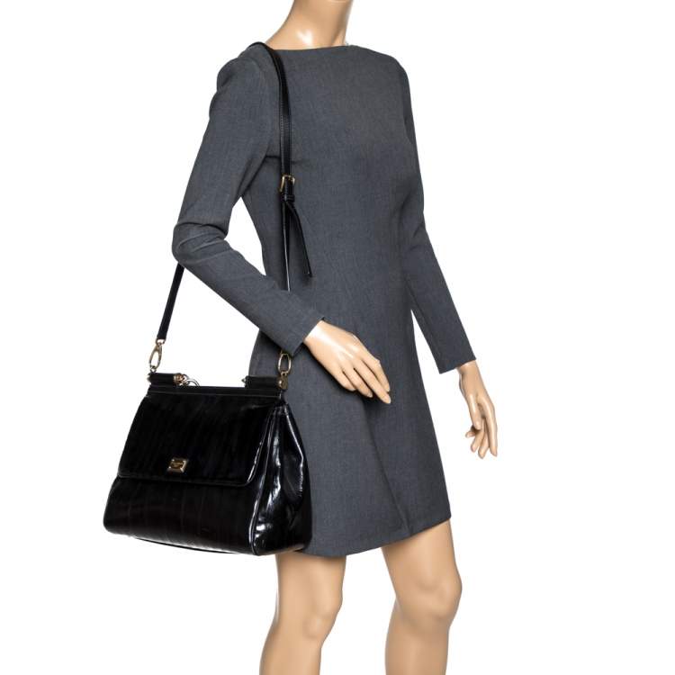 Pre Owned Dolce & Gabbana Black Striped Leather Large Miss Sicily Top Handle Bag