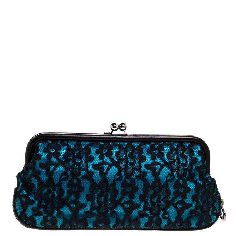 Pre Owned Dolce & Gabbana Black/Blue Satin and Lace Gilda Kiss Lock Clutch