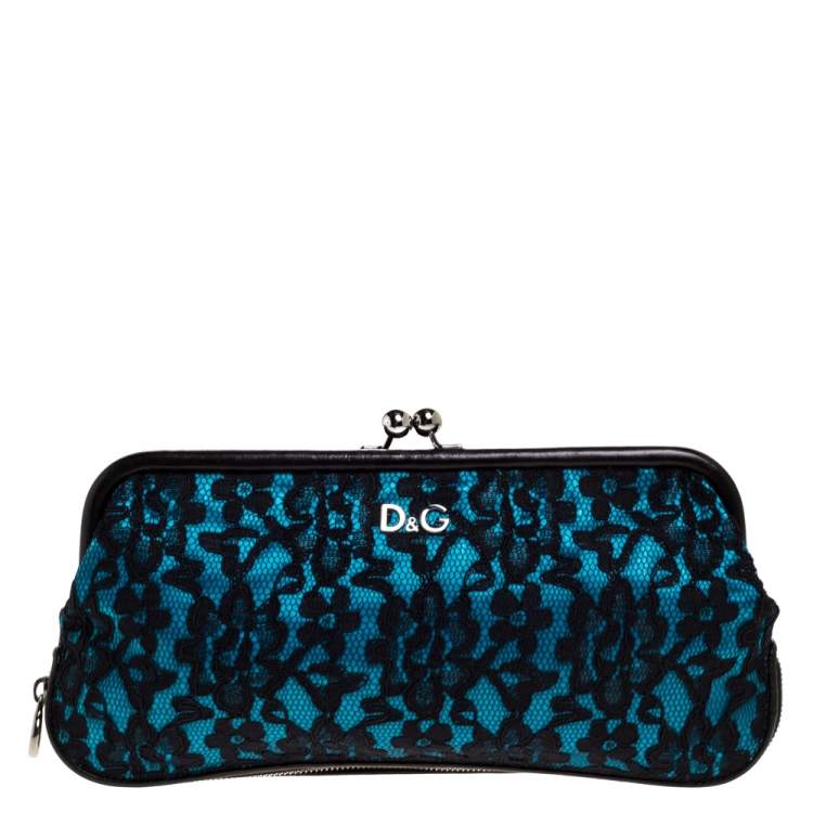 Pre Owned Dolce & Gabbana Black/Blue Satin and Lace Gilda Kiss Lock Clutch