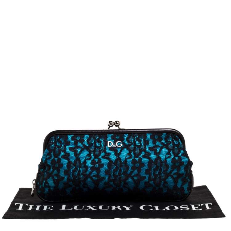 Pre Owned Dolce & Gabbana Black/Blue Satin and Lace Gilda Kiss Lock Clutch
