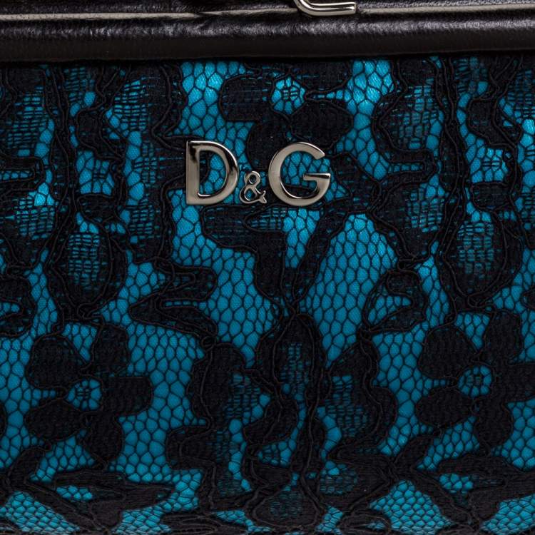 Pre Owned Dolce & Gabbana Black/Blue Satin and Lace Gilda Kiss Lock Clutch