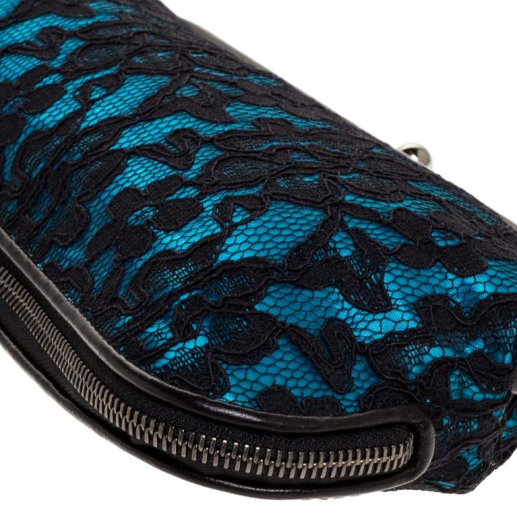 Pre Owned Dolce & Gabbana Black/Blue Satin and Lace Gilda Kiss Lock Clutch