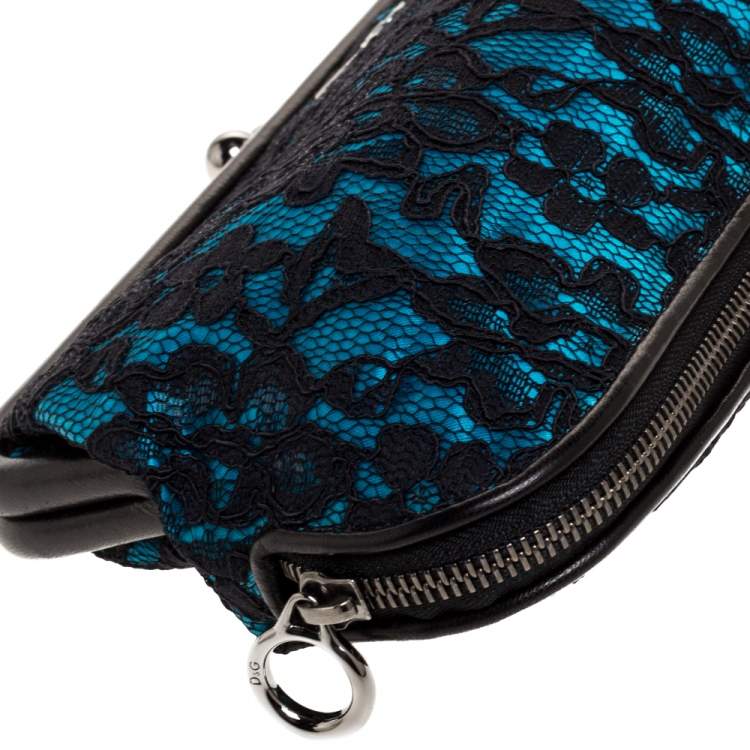 Pre Owned Dolce & Gabbana Black/Blue Satin and Lace Gilda Kiss Lock Clutch