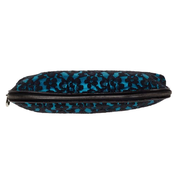 Pre Owned Dolce & Gabbana Black/Blue Satin and Lace Gilda Kiss Lock Clutch