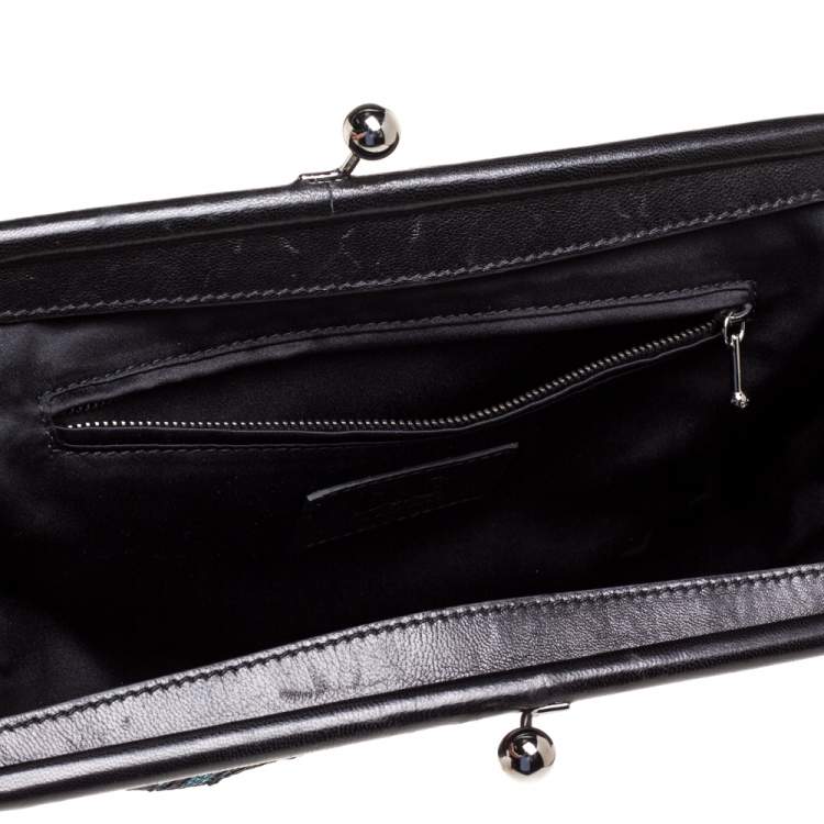 Pre Owned Dolce & Gabbana Black/Blue Satin and Lace Gilda Kiss Lock Clutch