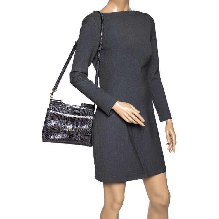 Pre Owned Dolce & Gabbana Dark Grey Python Medium Miss Sicily Top Handle Bag