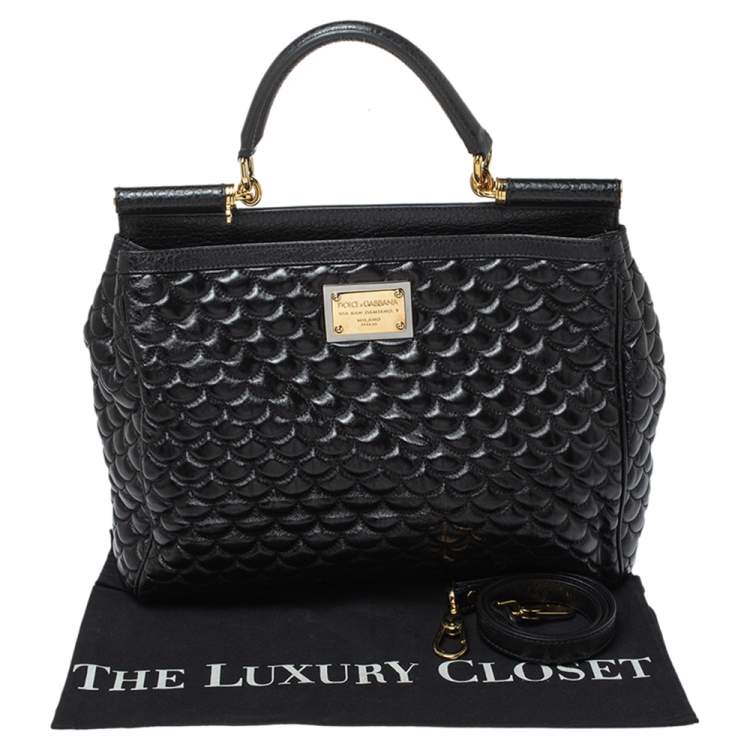 Pre Owned Dolce & Gabbana Black Scale Embossed Leather Top Handle Bag