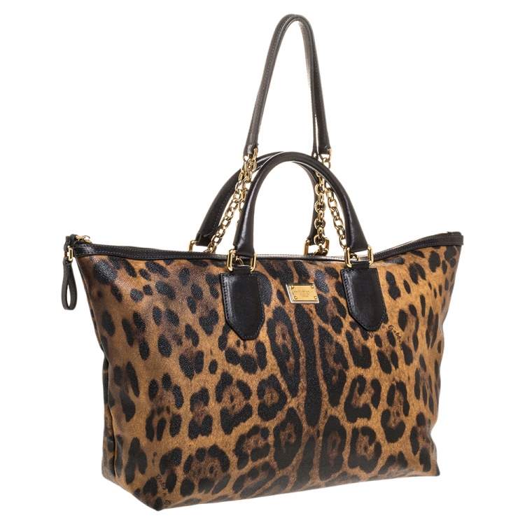 Pre Owned Dolce & Gabbana Beige/Black Leopard Print Coated Canvas and Leather Zip Tote