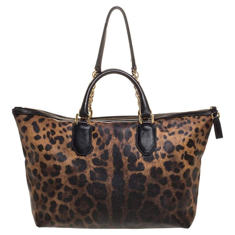 Pre Owned Dolce & Gabbana Beige/Black Leopard Print Coated Canvas and Leather Zip Tote