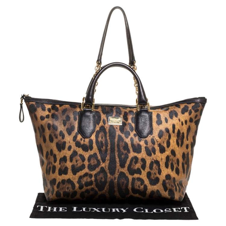 Pre Owned Dolce & Gabbana Beige/Black Leopard Print Coated Canvas and Leather Zip Tote