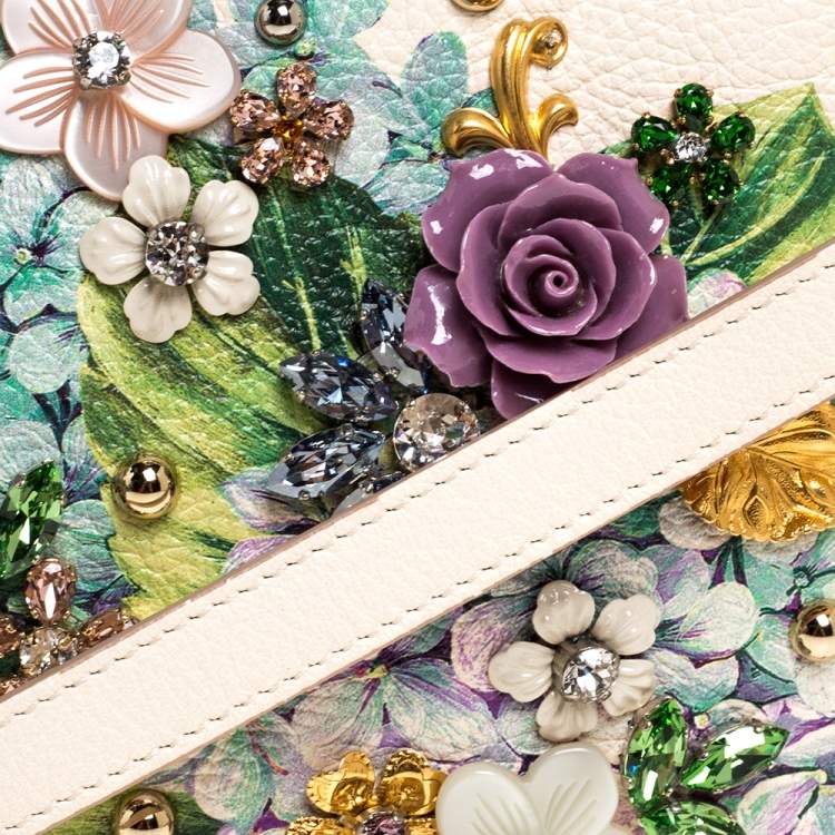 Pre Owned Dolce & Gabbana Cream Leather Glam Embellished Camera Bag