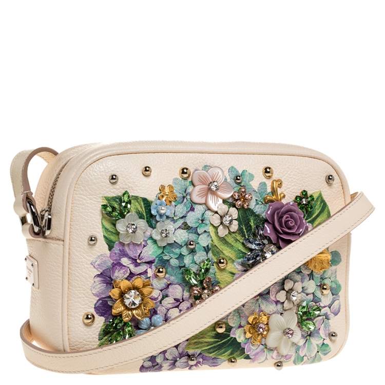 Pre Owned Dolce & Gabbana Cream Leather Glam Embellished Camera Bag
