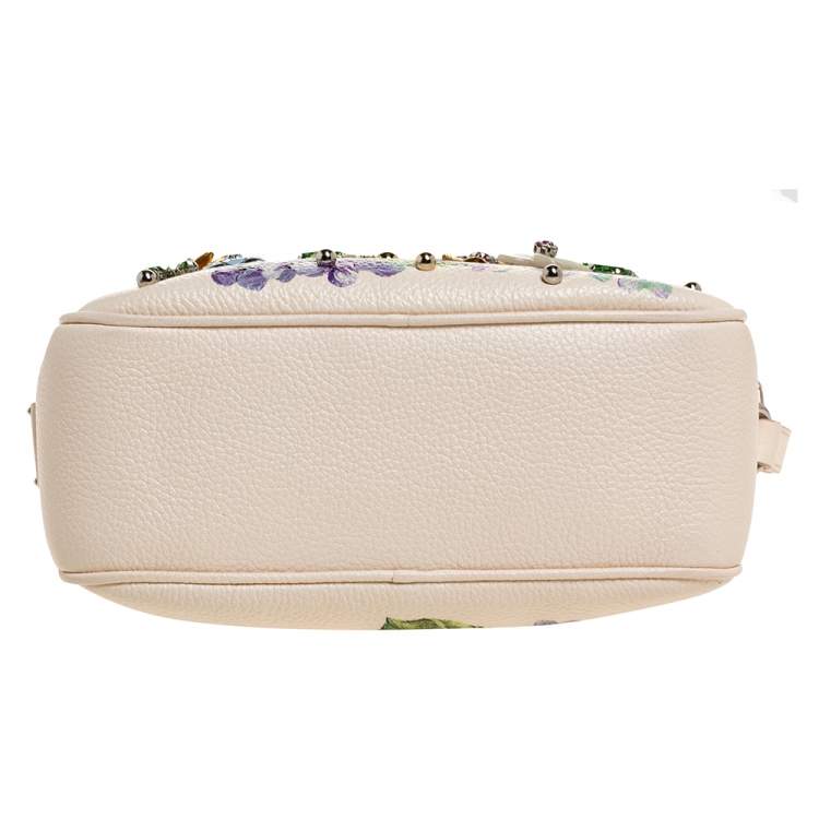 Pre Owned Dolce & Gabbana Cream Leather Glam Embellished Camera Bag