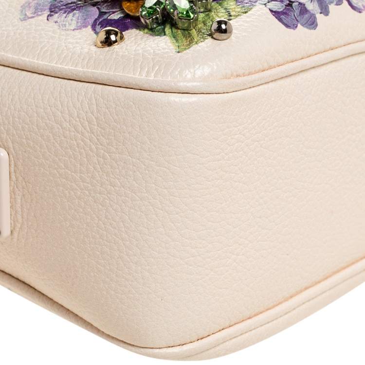 Pre Owned Dolce & Gabbana Cream Leather Glam Embellished Camera Bag