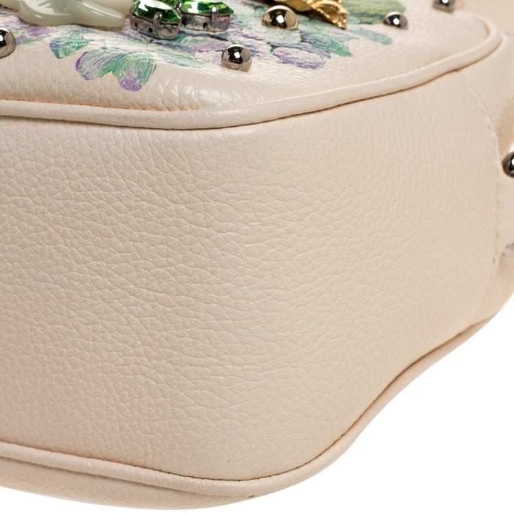 Pre Owned Dolce & Gabbana Cream Leather Glam Embellished Camera Bag