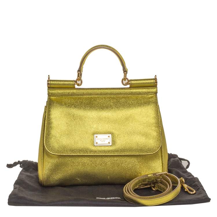 Pre Owned Dolce & Gabbana Metallic Lemon Leather Medium Miss Sicily Top Handle Bag