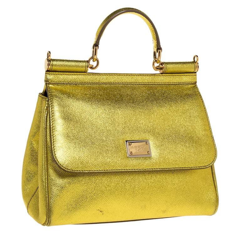 Pre Owned Dolce & Gabbana Metallic Lemon Leather Medium Miss Sicily Top Handle Bag