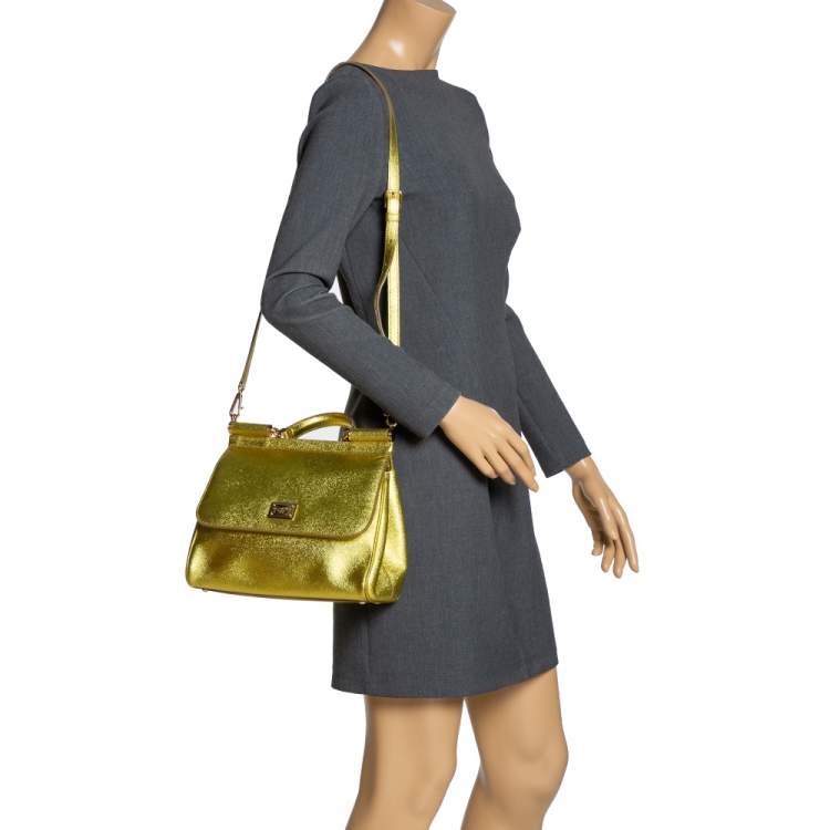 Pre Owned Dolce & Gabbana Metallic Lemon Leather Medium Miss Sicily Top Handle Bag
