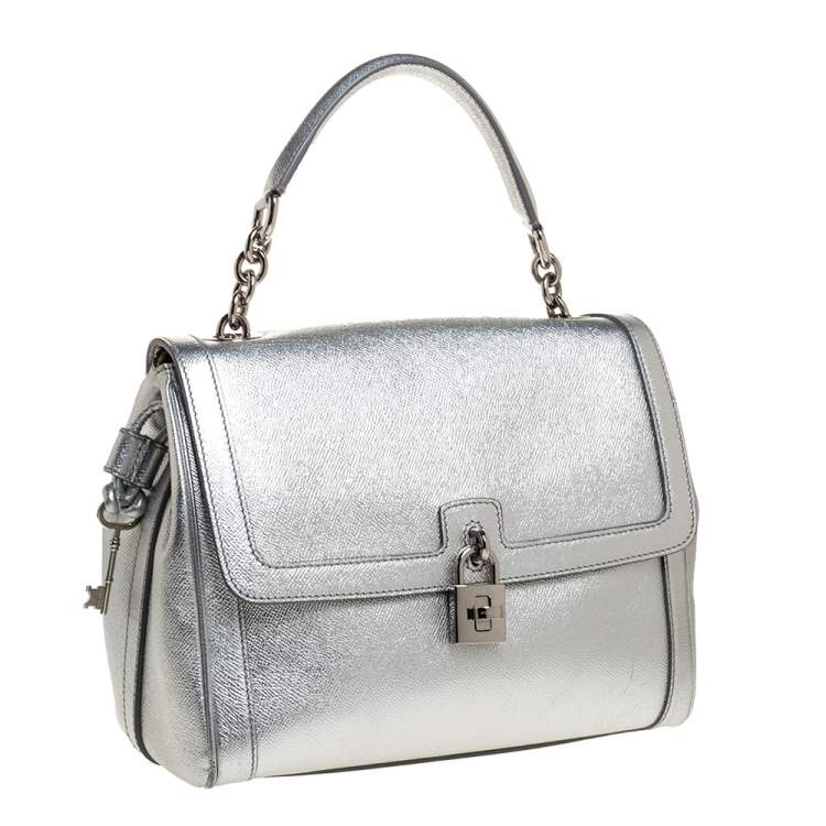 Pre Owned Dolce and Gabbana Silver Leather Small Miss Dolce Top Handle Bag