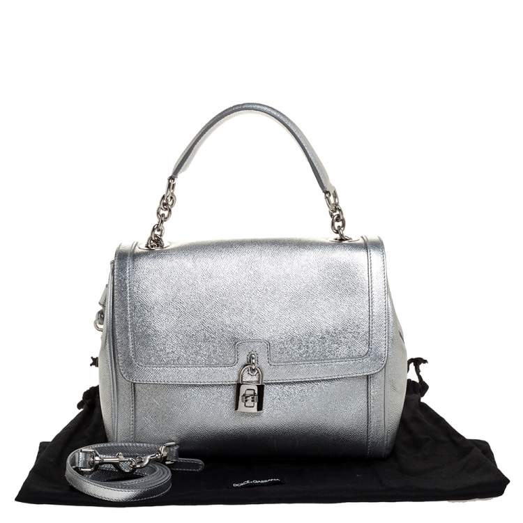 Pre Owned Dolce and Gabbana Silver Leather Small Miss Dolce Top Handle Bag