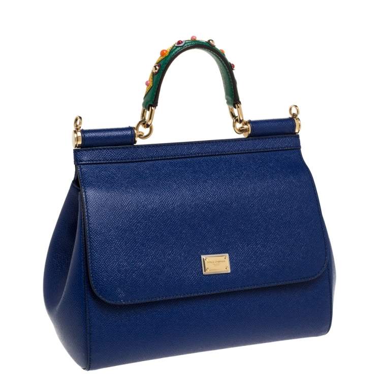Pre Owned Dolce & Gabbana Blue Leather Medium Miss Sicily Top Handle Bag