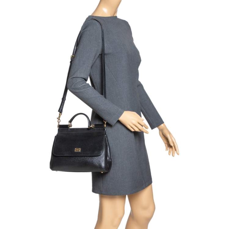 Pre Owned Dolce & Gabbana Black Leather Medium Miss Sicily Top Handle Bag