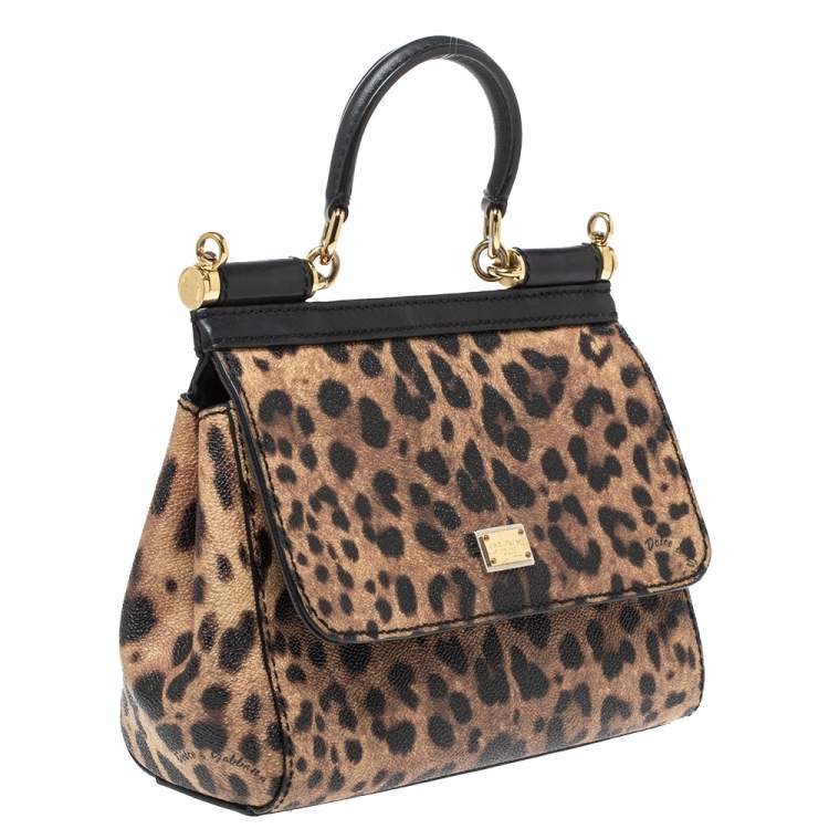 Pre Owned Dolce & Gabbana Black/Leopard Print Coated Canvas and Leather Small Miss Sicily Top Handle Bag