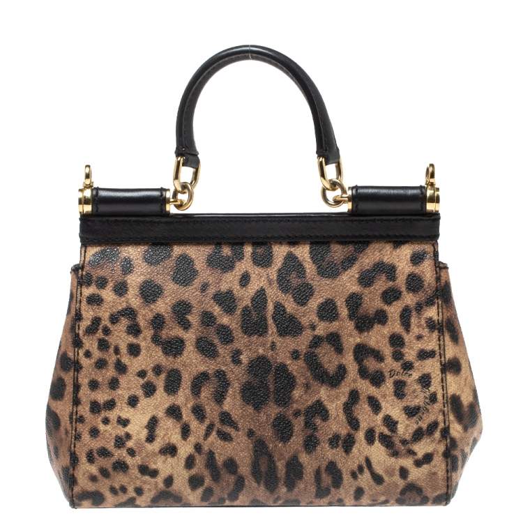 Pre Owned Dolce & Gabbana Black/Leopard Print Coated Canvas and Leather Small Miss Sicily Top Handle Bag
