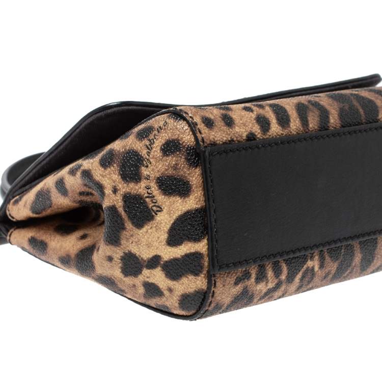 Pre Owned Dolce & Gabbana Black/Leopard Print Coated Canvas and Leather Small Miss Sicily Top Handle Bag