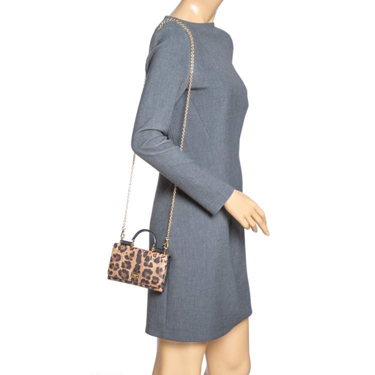 Pre Owned Dolce & Gabbana Brown Leopard Print Coated Canvas and Leather Sicily Smartphone Von Bag