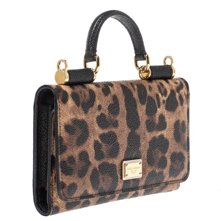 Pre Owned Dolce & Gabbana Brown Leopard Print Coated Canvas and Leather Sicily Smartphone Von Bag